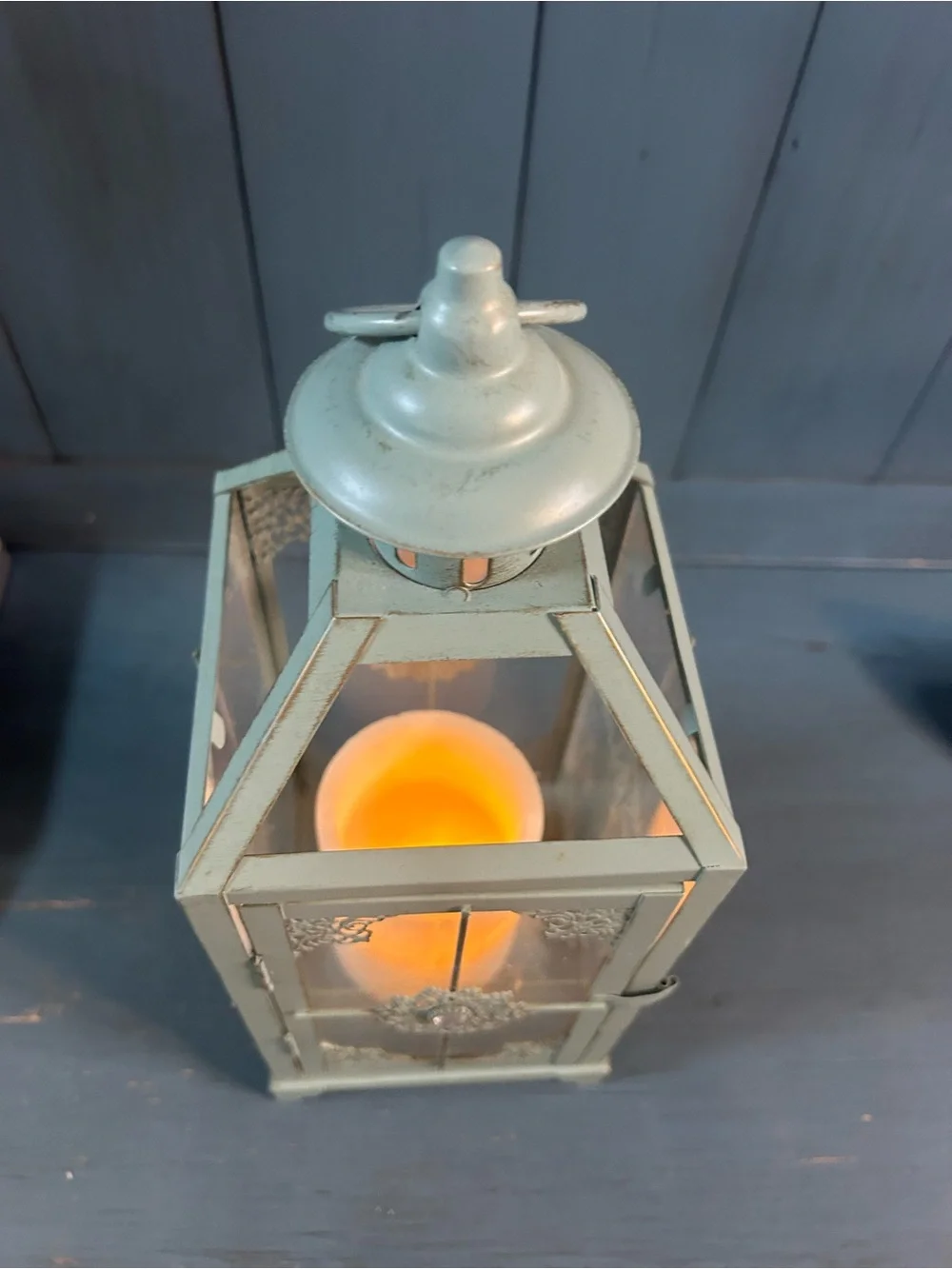 Pier 1 Imports Light Blue Metal Decorative Lantern with Filigree Medallion